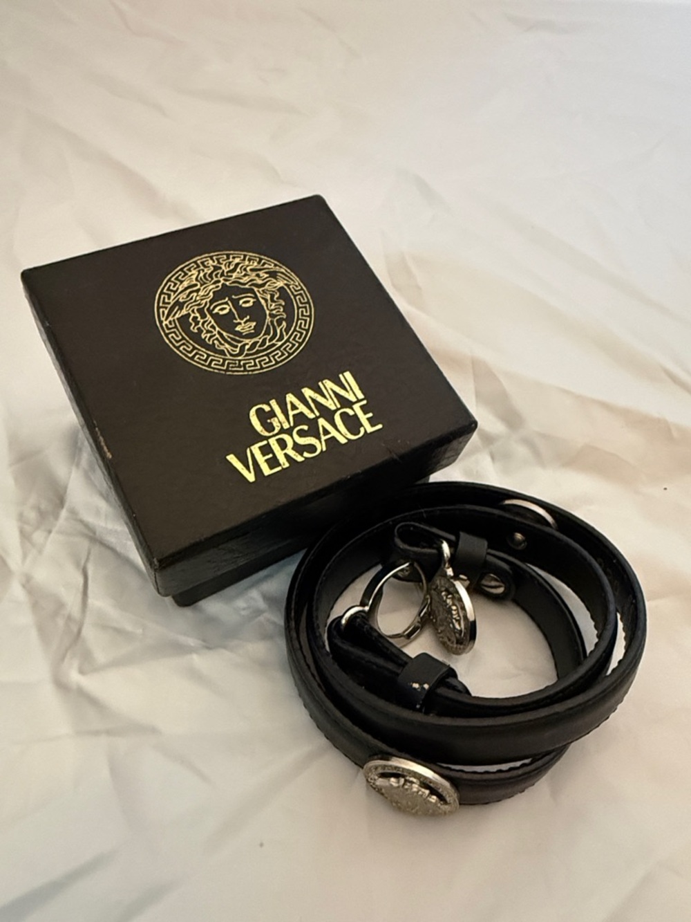 Versace Black Leather Medusa Belt with Silver Medallions